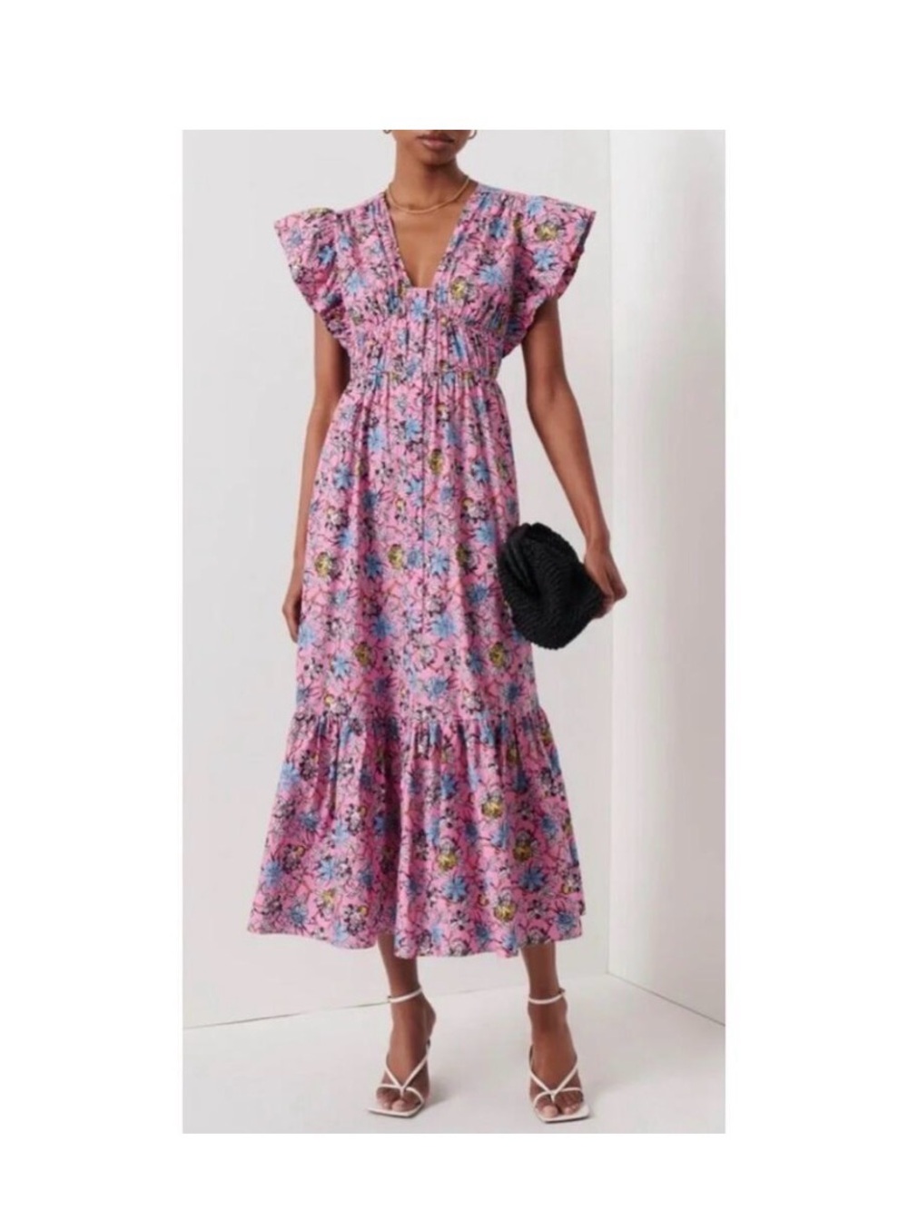 Derek Lam Pink Floral V-Neck Midi Dress with Flutter Sleeves